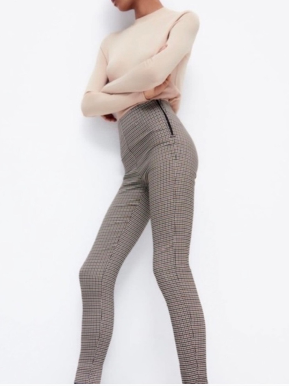 Zara | Women’s Black/Brown/White Checked High Rise Side Zip Skinny Ankle Pants L